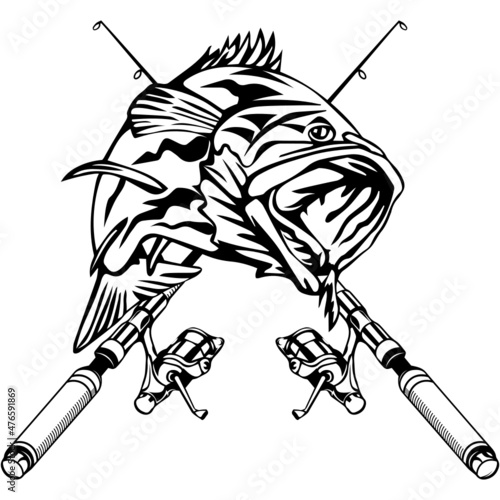 Fishing logo SVG design with a bass fish and crossed fishing rods, fishing shirt, car decal, print, emblem, poster, sign
