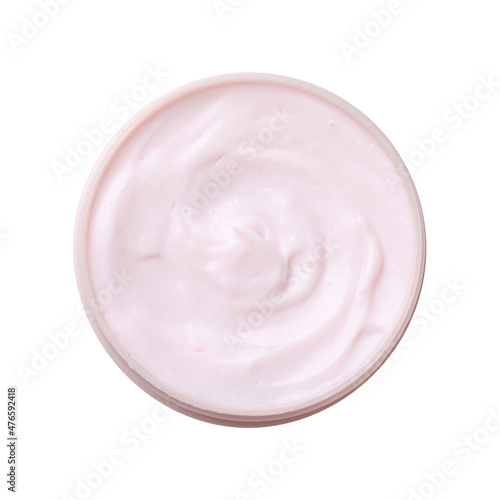 Jar of body cream isolated on white, top view