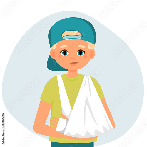 Little boy with broken arm. Concept of treatment bone fracture, plaster cast on broken arm, children's medicine. Vector cartoon illustration in flat style.