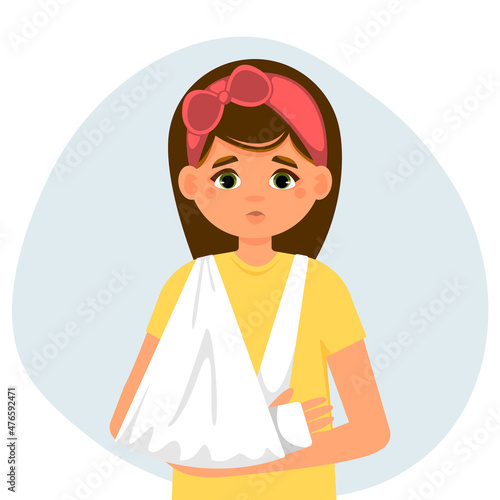 Little girl with broken arm. Concept of treatment bone fracture, plaster cast on broken arm, children's medicine. Vector cartoon illustration in flat style.