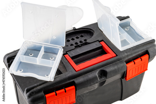 Plastic box for repair tools over white background