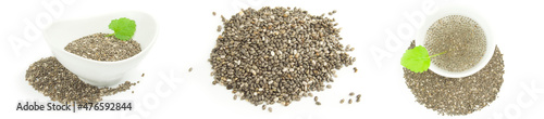 Group of nutritious chia seeds over a white background