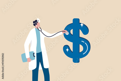 Financial checkup, diagnose income, expense and investment plan, wealth management or insurance concept, doctor using stethoscope to check on dollar money sign.