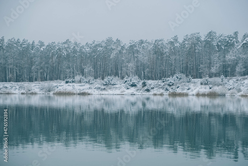 Snowy forest and shore near the lake. Light frosty haze over water from cold