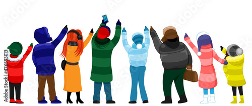 Group of people looking up and pointing with a finger.