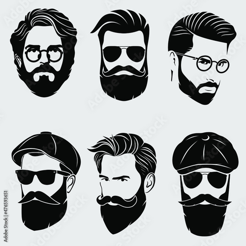 Bearded men, hipster face. Fashion silhouette, emblem, icon, label. Vector illustration