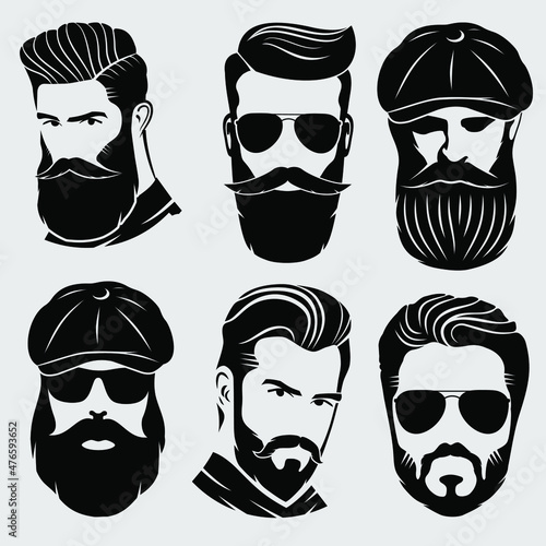 Bearded men, hipster face. Fashion silhouette, emblem, icon, label. Vector illustration