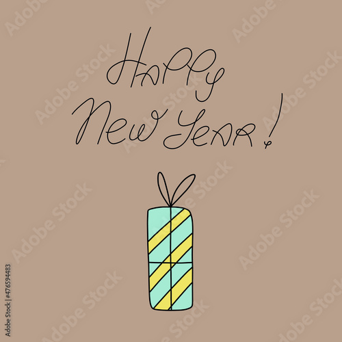 Happy new year postcard, hand drawn card wth present illustration, pastel colors card