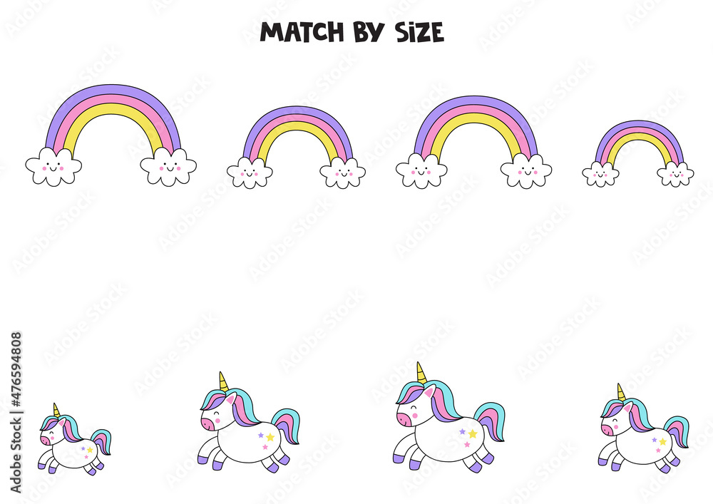 Matching game for preschool kids. Match rainbows and unicorns by size.