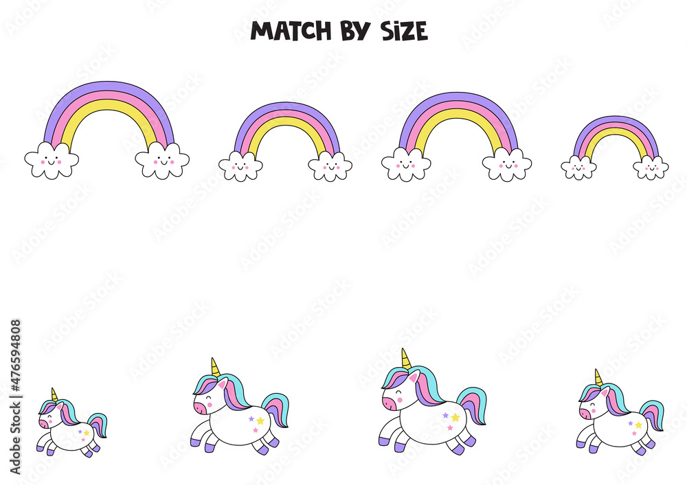 Matching game for preschool kids. Match rainbows and unicorns by size. Matching game for preschool kids. Match rainbows and unicorns by size.