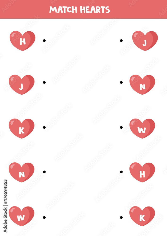 Match pink hearts by letters. Game for kids.