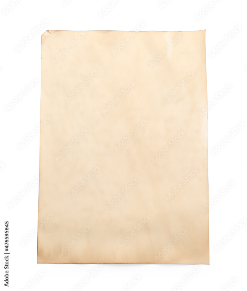Fototapeta premium Sheet of old parchment paper isolated on white, top view. Space for design