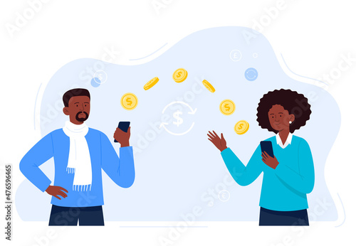 A man sends money from a smartphone to a female colleague or coworker. People make contactless cash or currency transactions on the internet. Easy banking concept. Vector flat illustration.