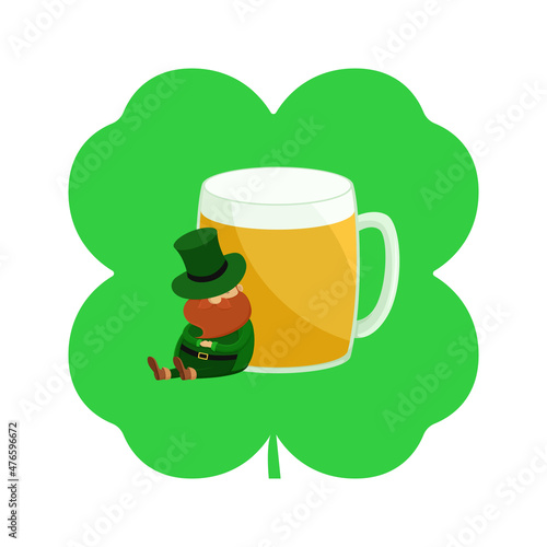 Leprechaun and mug of beer. Vector illustration.