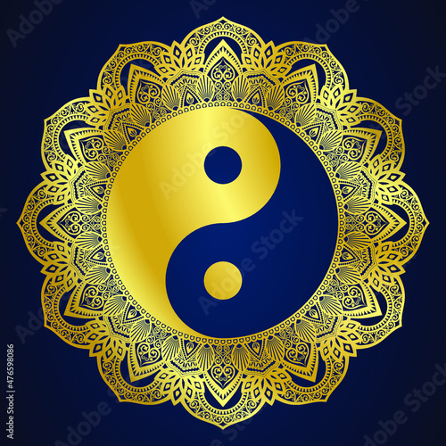 mandala frame with yin yang golden symbol