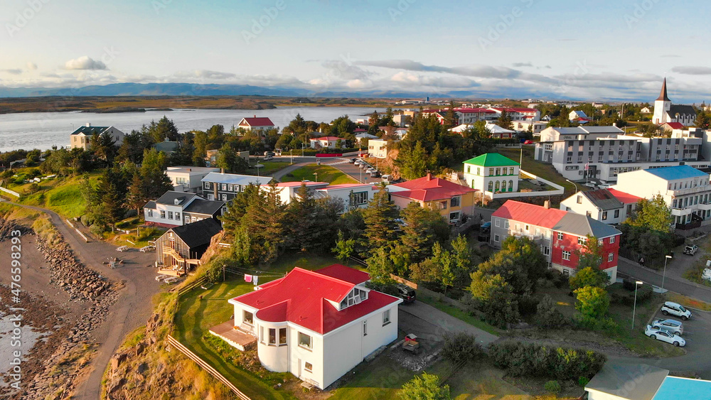 Panoramic view of town Borgarnes in South-Western Iceland from a drone viewpoint