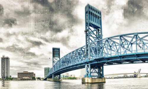 Panoramic view of Downtown Jacksonville and city bridge from Fri - Panoramic view