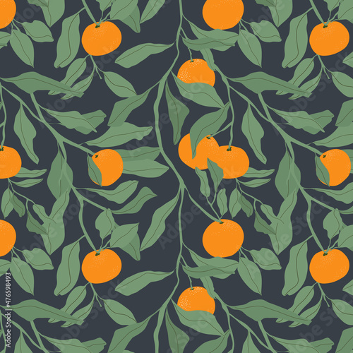 Vector seamless pattern with mandarin fruits, slices and leaves. Hand drawing tangerine background. For design, print, textile, paper.