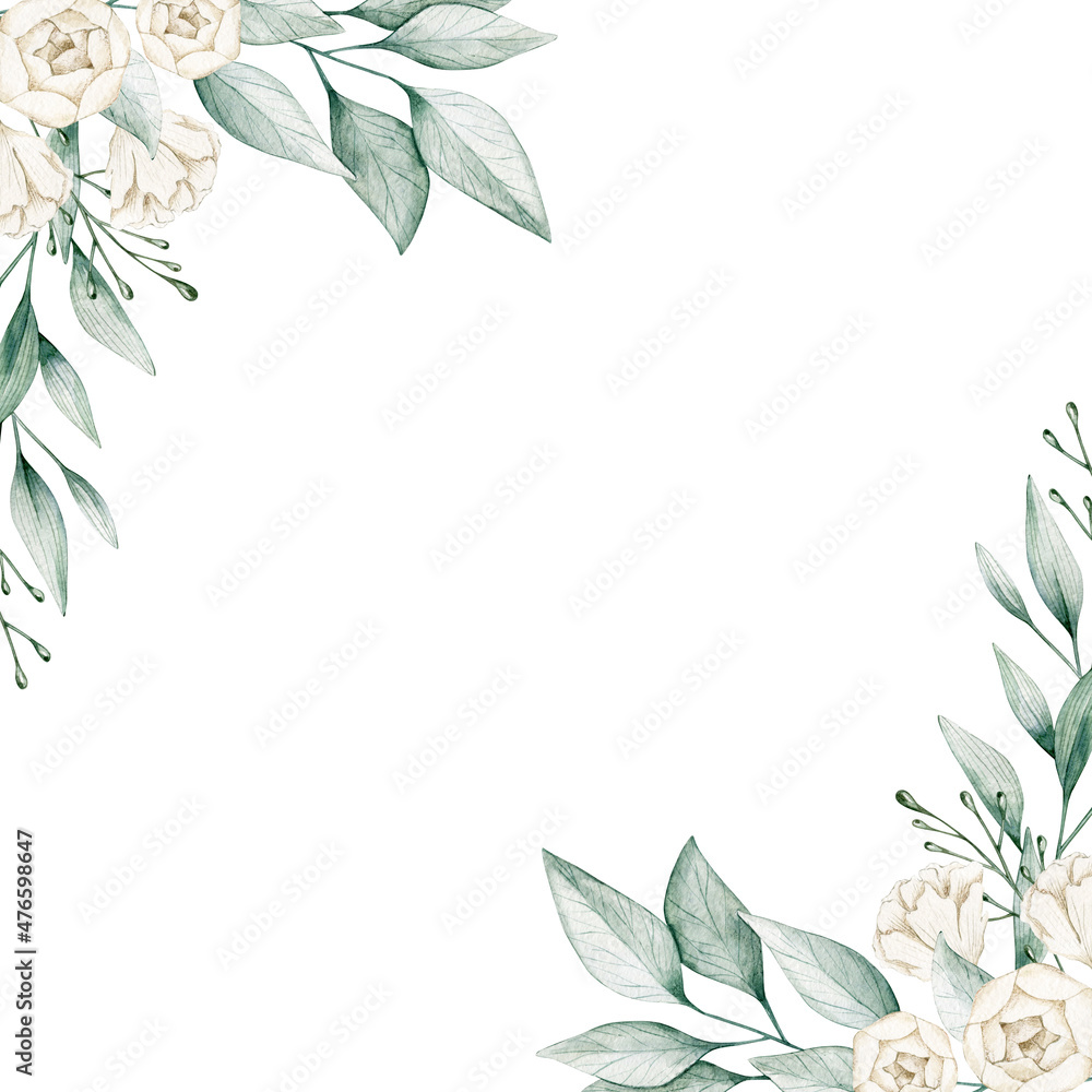 Watercolor illustration card with green leaves frame and white roses. Isolated on white background. Hand drawn clipart. Perfect for card, postcard, tags, invitation, printing, wrapping.