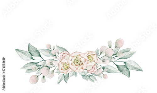 Fototapeta Naklejka Na Ścianę i Meble -  Watercolor illustration card with eucalyptus branches and roses composition. Isolated on white background. Hand drawn clipart. Perfect for card, postcard, tags, invitation, printing, wrapping.