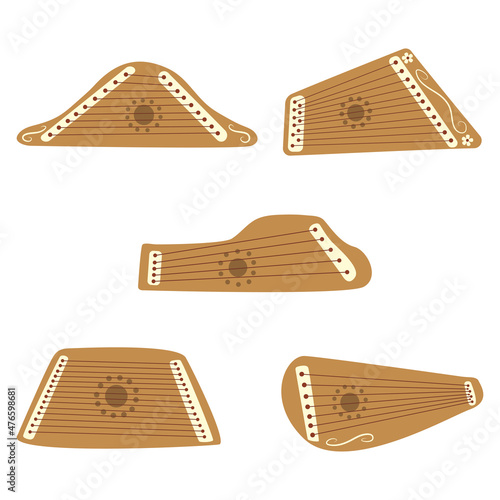 Gusli. Set of ancient Slavic musical instruments stringed. Colorful vector isolated flat illustration