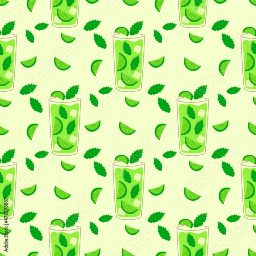 Seamless pattern Mojito in a glass with slices of lime, mint leaves and ice cubes. Summer drink. Colorful vector illustration hand drawn. Wrapping or print, card or paper