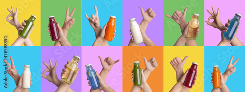 Collection of various hands showing bottles with colorful drinks