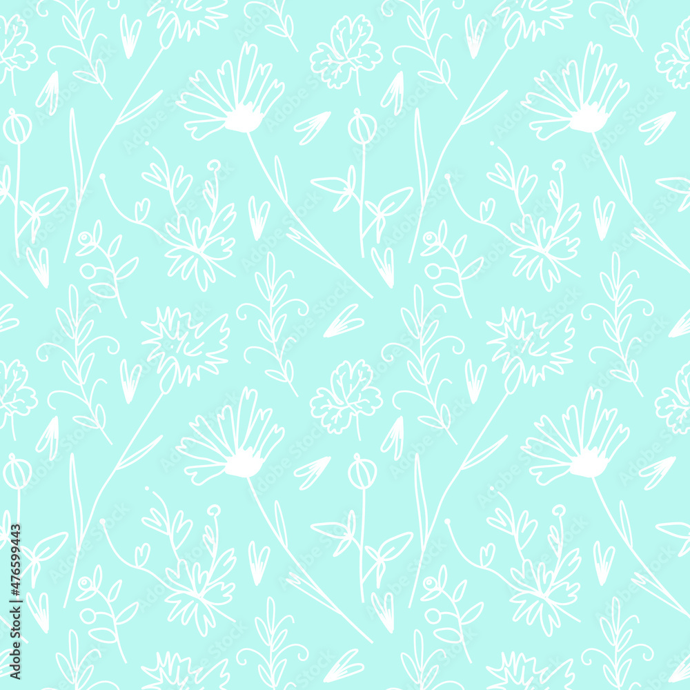 Vector seamless pattern with Flowers white line on Spun Sugar hand painted background.Summer,floral,botanical print in doodle style.Design for textiles,fabric,wrapping paper,packaging,wallpaper.