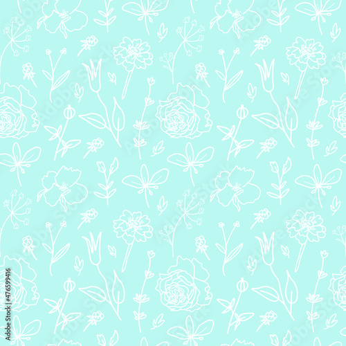 Vector seamless pattern with Flowers white line on Spun Sugar hand painted background.Summer,floral,botanical print in doodle style.Design for textiles,fabric,wrapping paper,packaging,wallpaper.