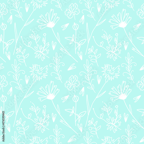 Vector seamless pattern with Flowers white line on Spun Sugar hand painted background.Summer,floral,botanical print in doodle style.Design for textiles,fabric,wrapping paper,packaging,wallpaper.