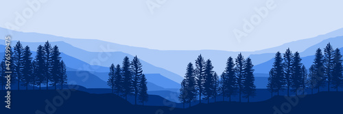 morning blue mountain landscape with forest silhouette landscape vector illustration good for wallpaper, backdrop, background, design template and tourism