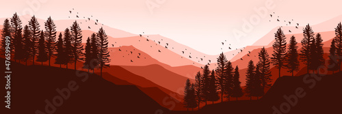 sunrise mountain landscape with forest silhouette landscape vector illustration good for wallpaper, backdrop, background, design template and tourism