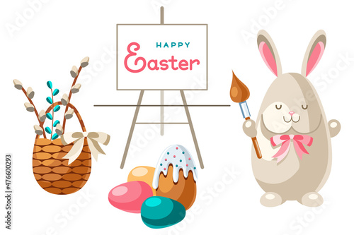 Easter card with bunny artist. Сute cartoon rabbit with a brush writes congratulations on canvas, surrounded by eggs, a cake and a basket with pussy willow branches. Isolated white background.
