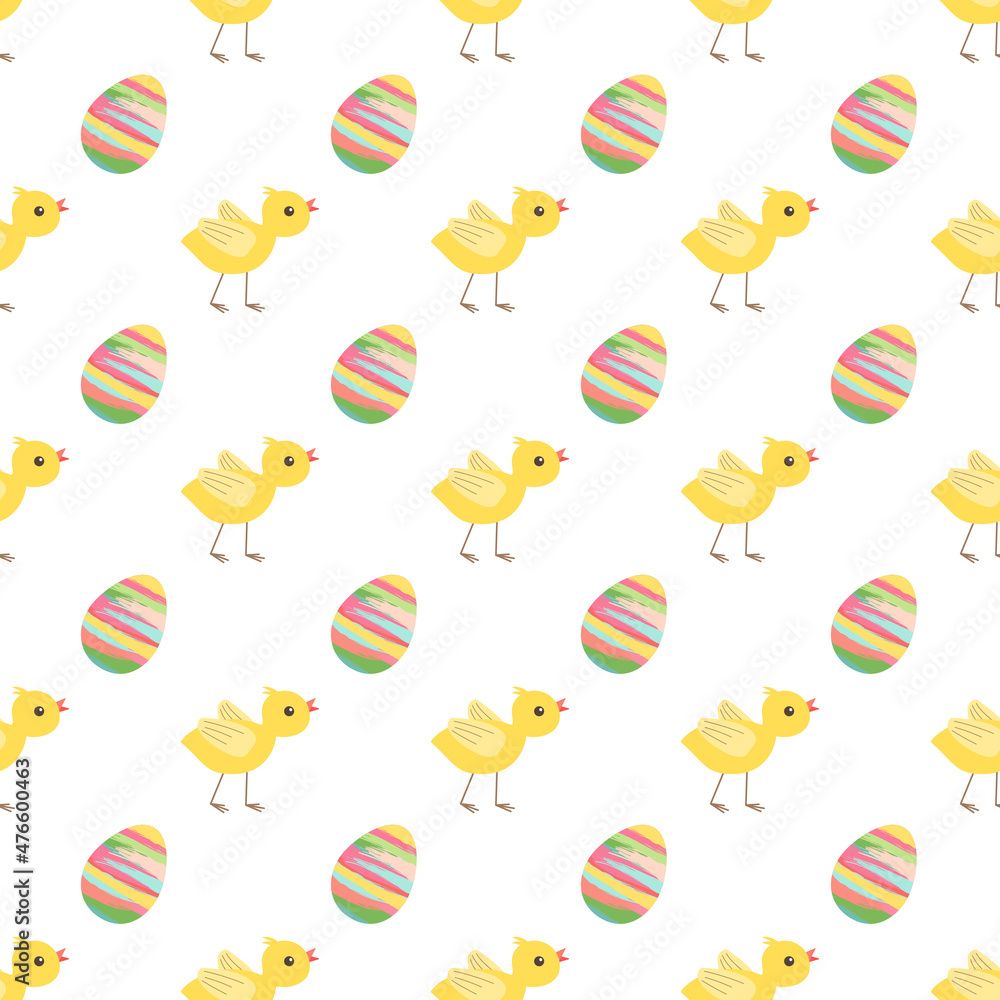 Happy Easter festive seamless pattern with chicken and egg. Decoration for wrapping paper, print, textiles and design. Vector flat illustration