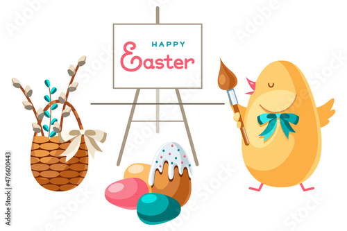 Easter card with chick-artist. Сute cartoon chicken with a brush writes congratulations on canvas, surrounded by eggs, a cake and a basket with pussy willow branches. Isolated white background.