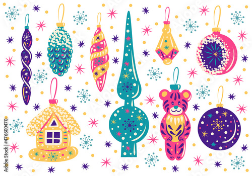 A set of Soviet New Year tree decorations: Christmas balls, icicles, tiger cub, toy house, pine cone, bell, crown.