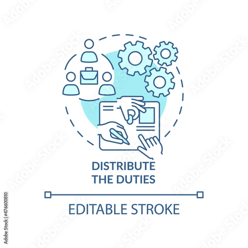 Distribute duties turquoise concept icon. Improving productive teamwork abstract idea thin line illustration. Isolated outline drawing. Editable stroke. Roboto-Medium, Myriad Pro-Bold fonts used