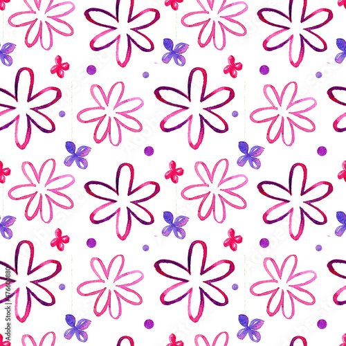 Seamless pattern with pink and purple flowers. Watercolor illustration. Plants. Nature. Elements. Print on fabric and paper. Holiday. Beautiful. Cute. Doodle. Design. Art. Background.