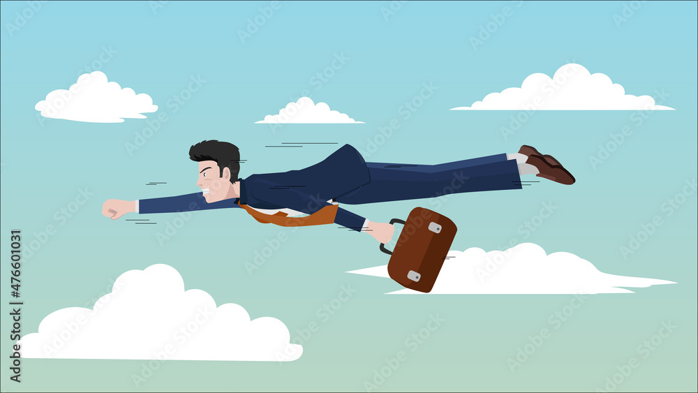 Fototapeta premium Businessman wearing a suit flying in the sky and the left hand holds the bag. With background of the sky and white clouds.