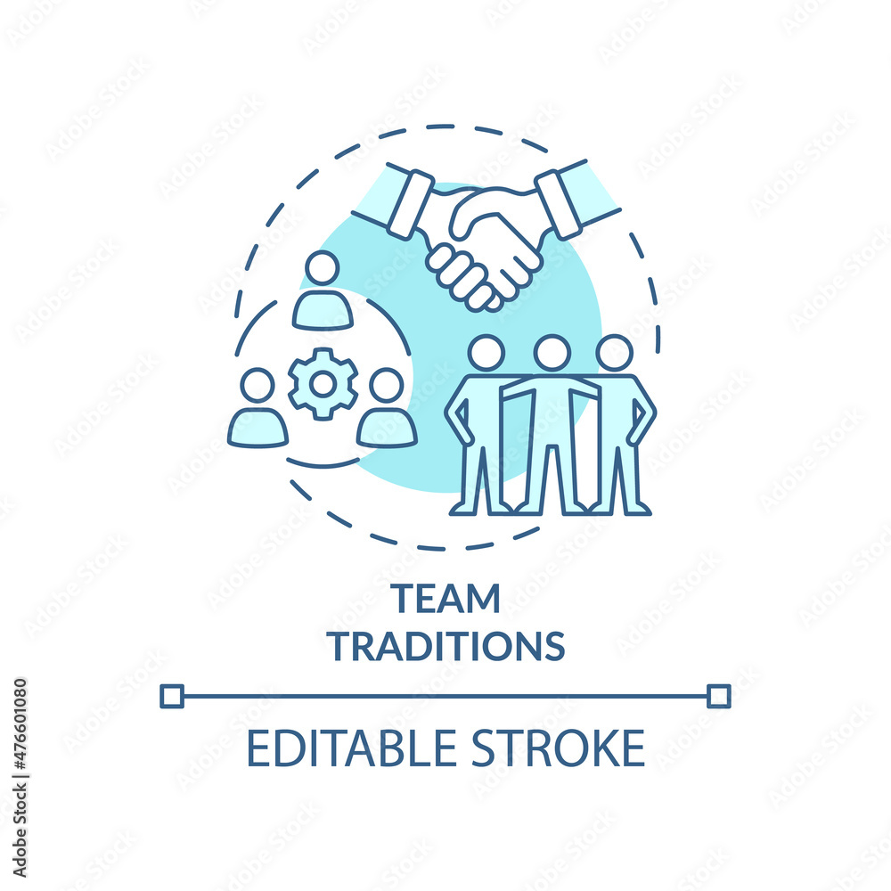 Team traditions turquoise concept icon. Rituals for employees abstract idea thin line illustration. Isolated outline drawing. Editable stroke. Roboto-Medium, Myriad Pro-Bold fonts used