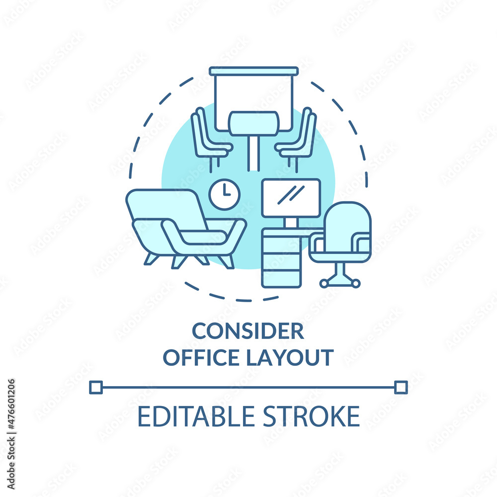Consider office layout turquoise concept icon. Comfortable workspace abstract idea thin line illustration. Isolated outline drawing. Editable stroke. Roboto-Medium, Myriad Pro-Bold fonts used Consider office layout turquoise concept icon. Comfortable workspace abstract idea thin line illustration. Isolated outline drawing. Editable stroke. Roboto-Medium, Myriad Pro-Bold fonts used
