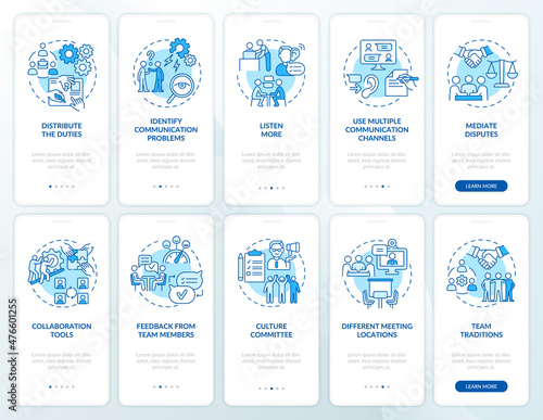 Teamwork blue onboarding mobile app screen set. Effective team walkthrough 5 steps graphic instructions pages with linear concepts. UI, UX, GUI template. Myriad Pro-Bold, Regular fonts used