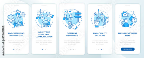 Teamwork tips blue onboarding mobile app screen. Successful company walkthrough 5 steps graphic instructions pages with linear concepts. UI, UX, GUI template. Myriad Pro-Bold, Regular fonts used