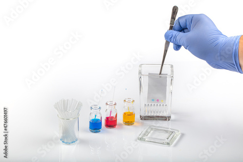 Thin layer chromatography equipments include jar, silica gel, capillary and compounds. TLC method used in purity analysis of compounds in chemistry laboratory. photo