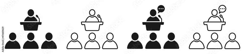 Set of conference icons. Team business meeting, presentation, conference. Business seminar symbol, teamwork and collaboration. Vector illustration. - obrazy, fototapety, plakaty 