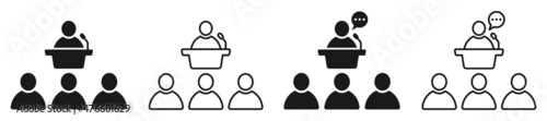 Set of conference icons. Team business meeting, presentation, conference. Business seminar symbol, teamwork and collaboration. Vector illustration.