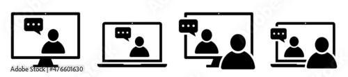 Set of online education icons or video conference icons. Online training, people working from home on their computer. Communicating with their colleagues. Vector illustration.