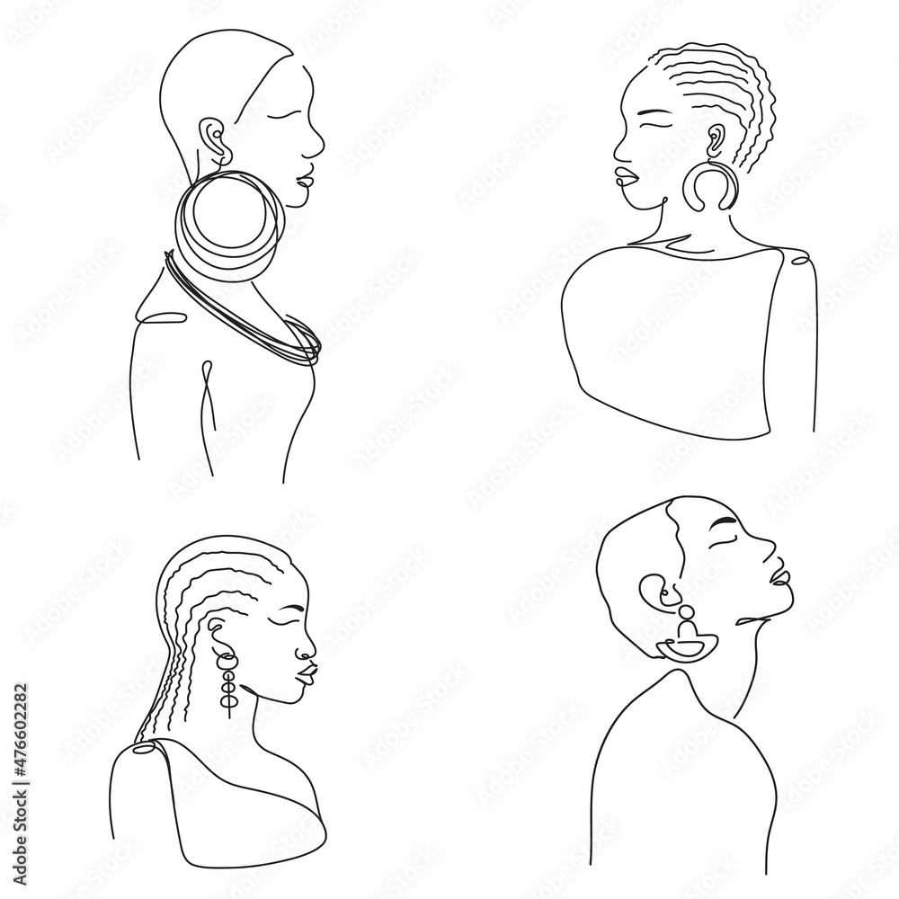 African, American tattoo set avatar contour figure of girl. Simple vector illustration in one line art