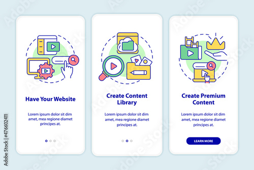 Video on demand onboarding mobile app screen. Content distribution walkthrough 3 steps graphic instructions pages with linear concepts. UI, UX, GUI template. Myriad Pro-Bold, Regular fonts used