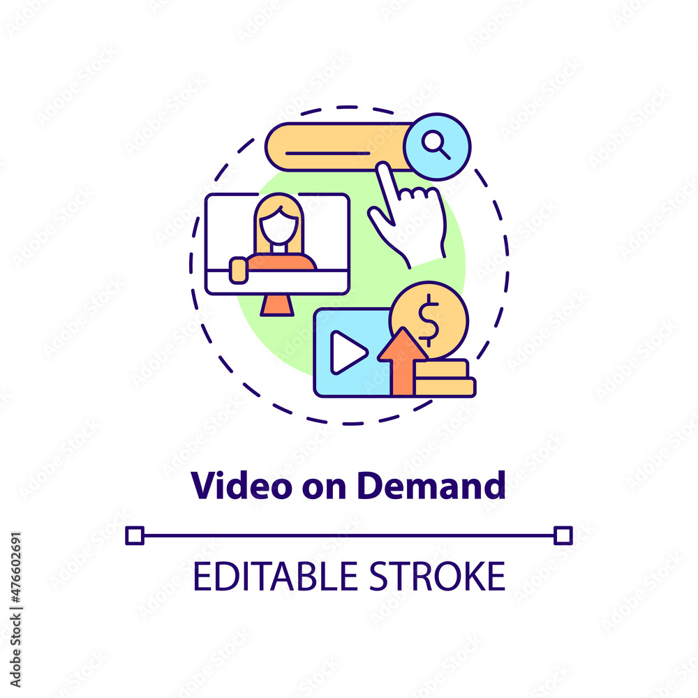 Video on demand concept icon. Earn money from subscription abstract idea thin line illustration. Isolated outline drawing. Editable stroke. Roboto-Medium, Myriad Pro-Bold fonts used Video on demand concept icon. Earn money from subscription abstract idea thin line illustration. Isolated outline drawing. Editable stroke. Roboto-Medium, Myriad Pro-Bold fonts used